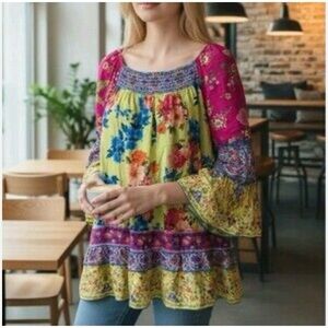 John Mark Spring Fling Floral Mix Print Bell Sleeve Tunic Top Size 1X